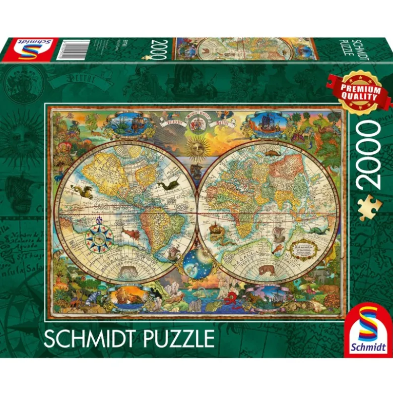 Schmidt PQ Puzzle: Mapa świata i mityczne stworzenia (2000 elementów)